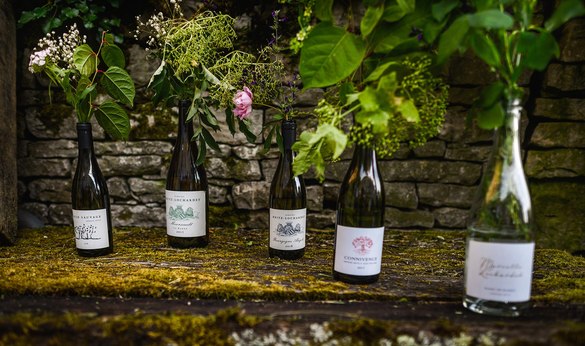 Bouquets de fleurs dans des bouteilles de vin