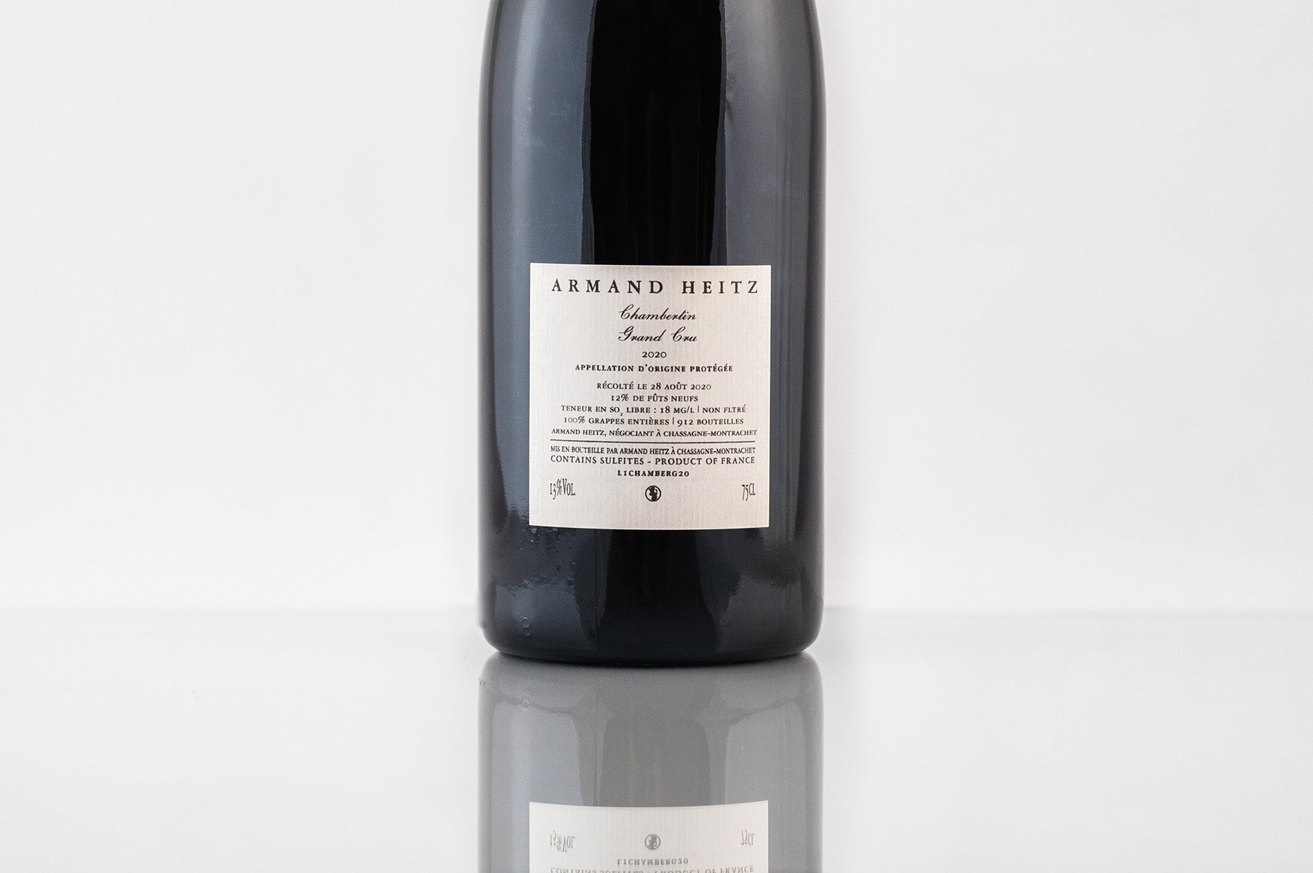 Chambertin Grand Cru, Armand Heitz, vin rouge de Bourgogne, contre étiquette