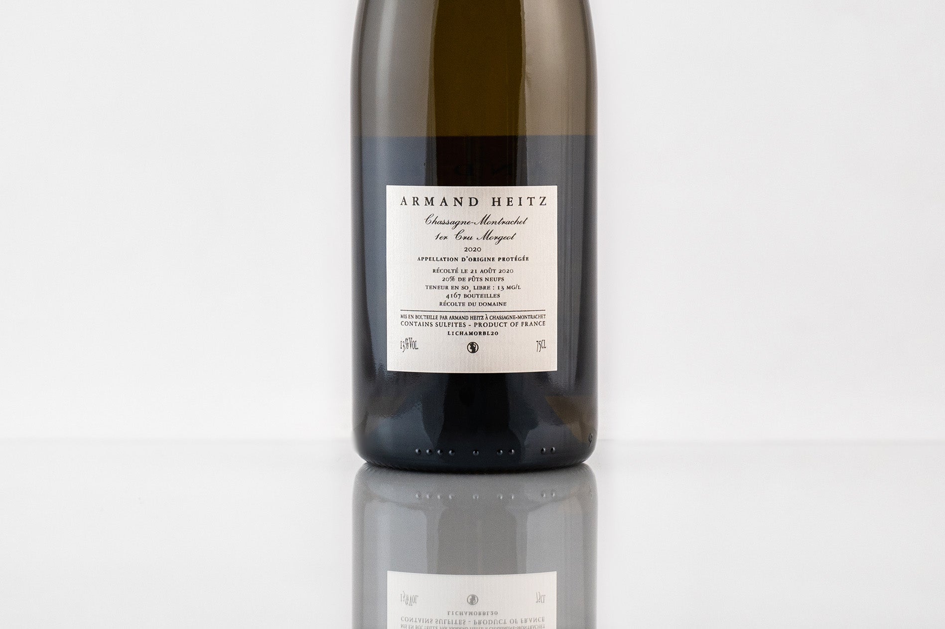 Chassagne-Montrachet 1er Cru Morgeot, Chardonnay, 2020, Armand Heitz, contre étiquette