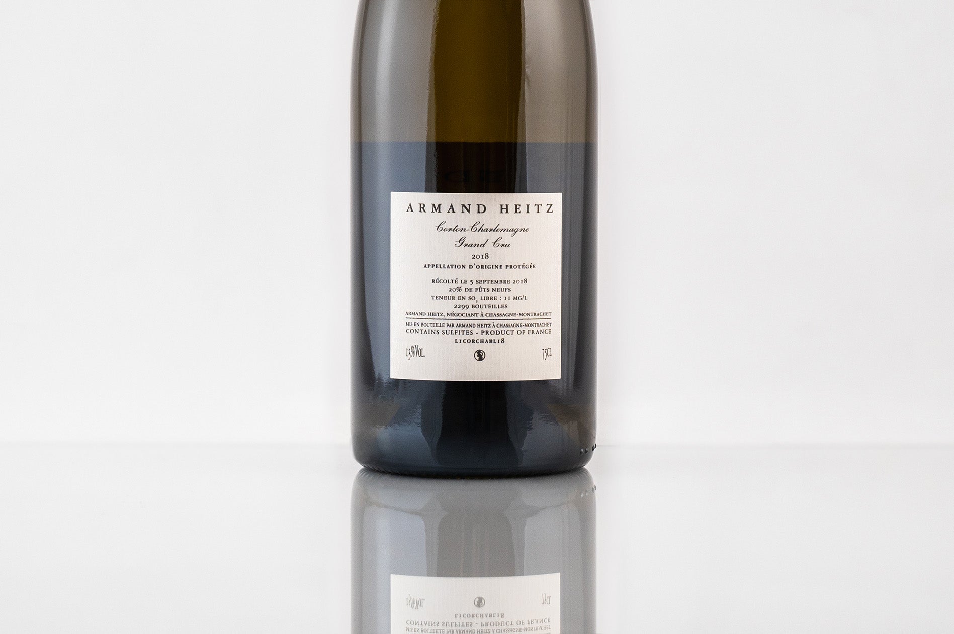 Corton Charlemagne Grand Cru, 2018, Armand Heitz, contre étiquette