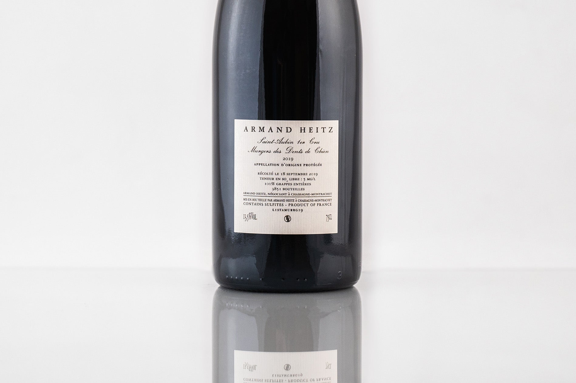 Saint-Aubin 1er Cru Murgers des Dents de Chien, Pinot noir, 2019, Armand Heitz, contre étiquette